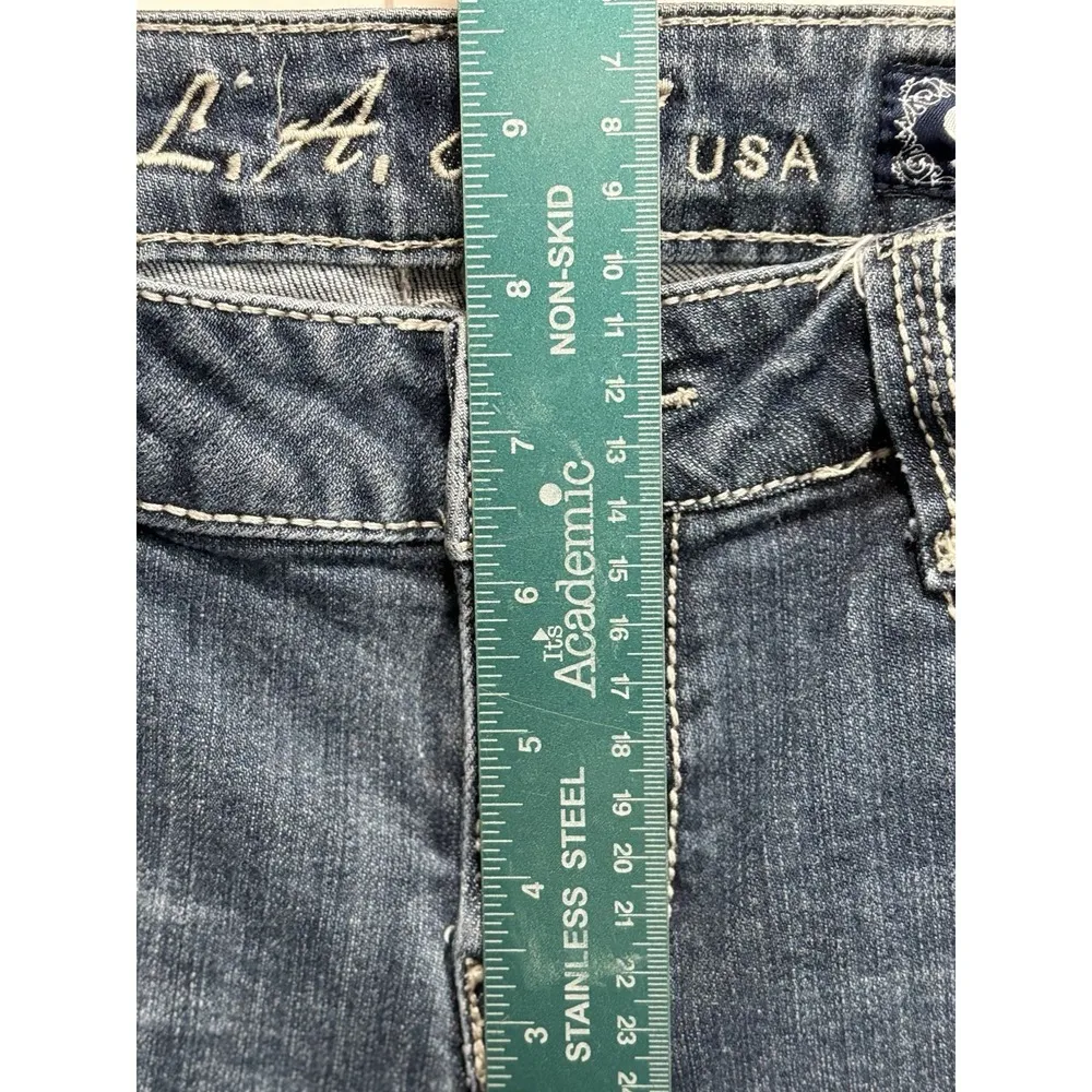 L.A. Idol Low Rise Skinny Jeans Rhinestones Embroidery Size 9 Med Wash Stitching Blue - Image 3
