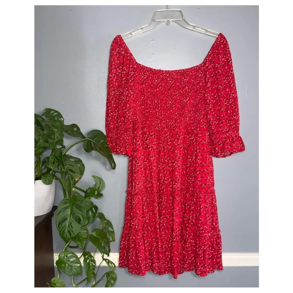 Red Floral Shirred Sweetheart Square Neck Puff Sleeves Short Dress S - Image 6