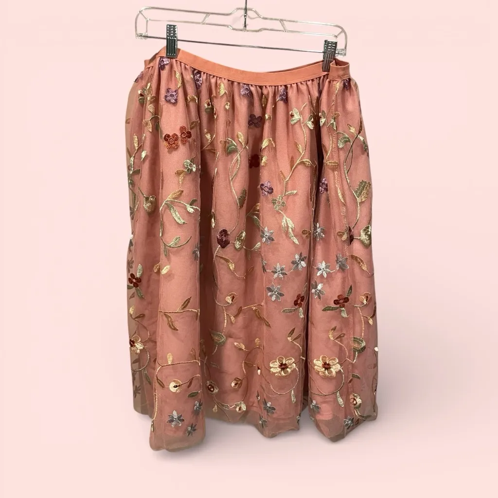 Cute petal pink tulle embroidered elastic waist floral skirt coquette fairy - Image 4