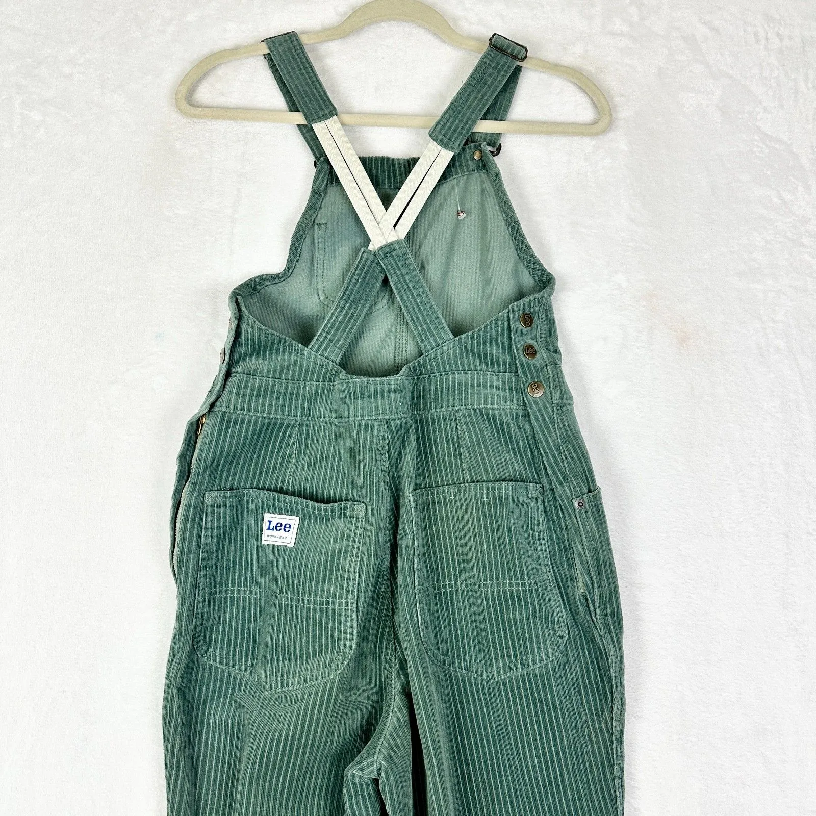 Free People Lee Factory Flare Cord Overalls Size Medium Green Retro Stretch - Image 7