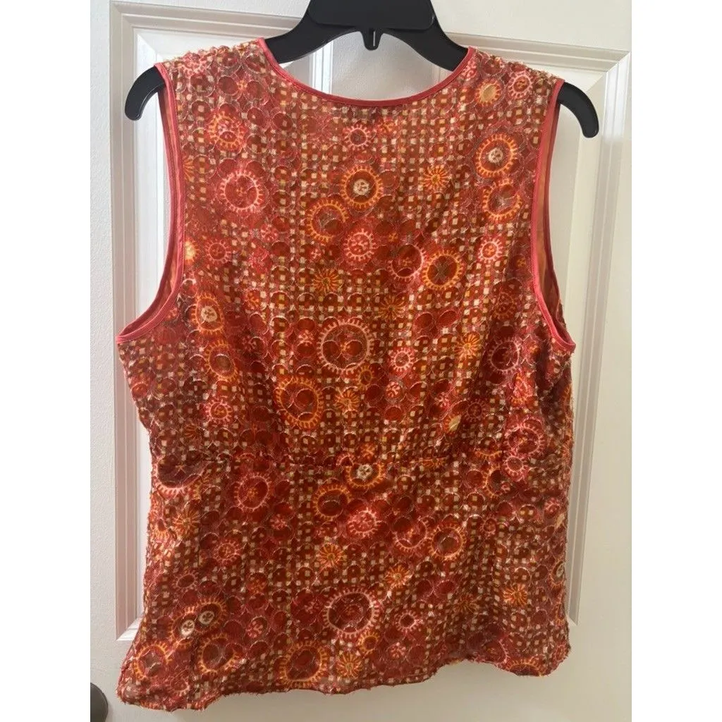 Etcetera  Silk Sleeveless Blouse Size 14 orange abstract pattern v neck - Image 9