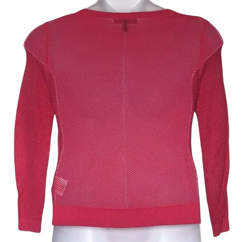 Banana Republic Bright Pink Open Knit V-Neck Sweater PS Lightweight Barbiecore - Image 4