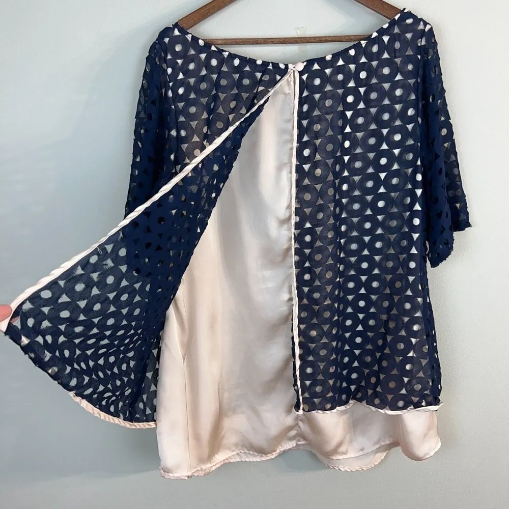 Eshakti Blouse Top 3X 24W Navy Blue Beige Geometric Short Sleeve V-Neck High Low - Image 8