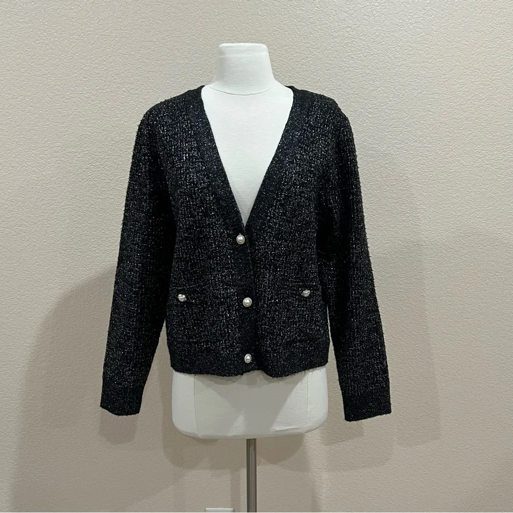 Adyson Parker Black Metallic Silver Thread Cardigan Sweater NWT Size Large - Image 3