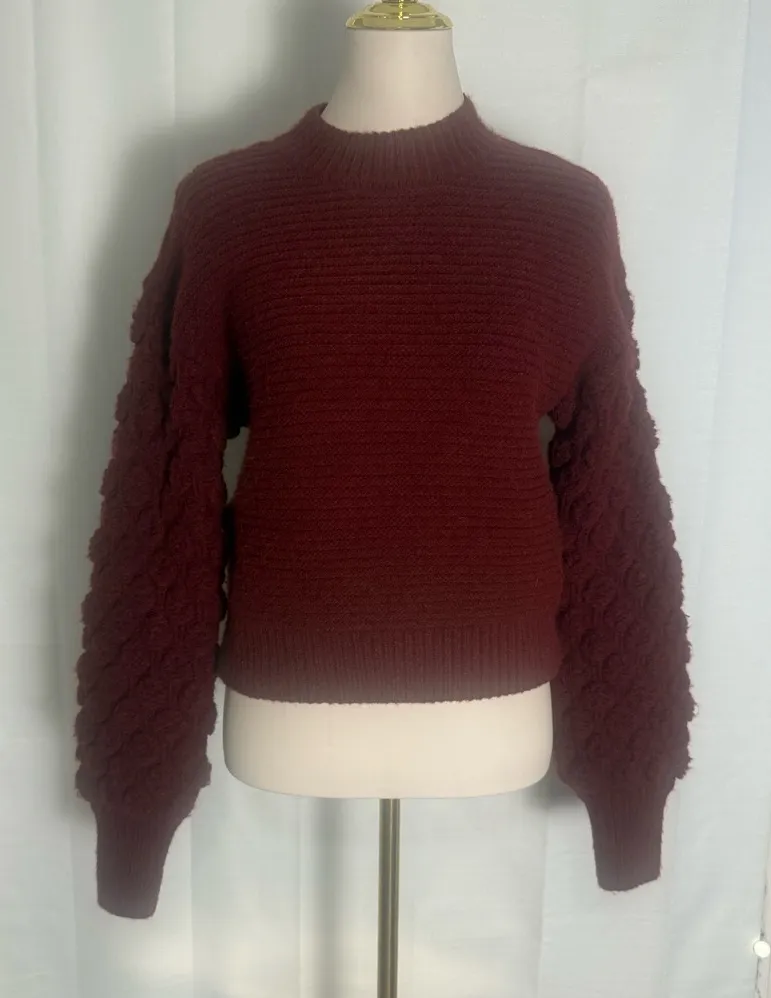 Harper Heritage Bubble Sleeve Sweater S Burgundy Chunky Knit Textured - Image 1
