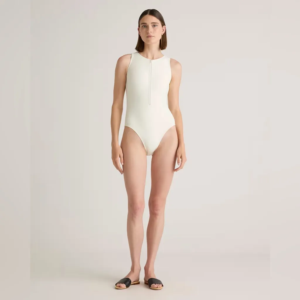 NIB Quince Italian Zip-Front One-Piece Swimsuit Ivory White Women's Size Medium - Image 2