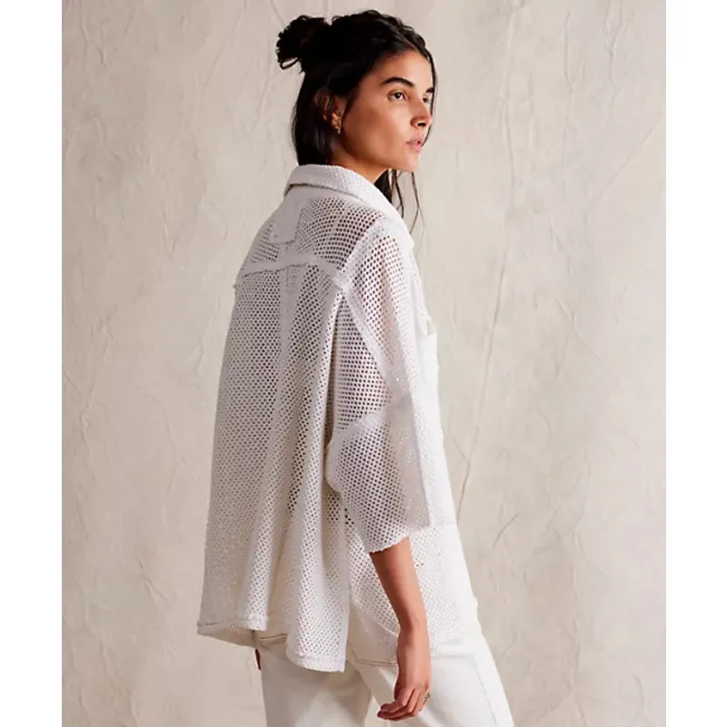 Free People Stay On Oversized Button Front Open Knit Shirt Blouse Top Ivory XS/S - Image 3