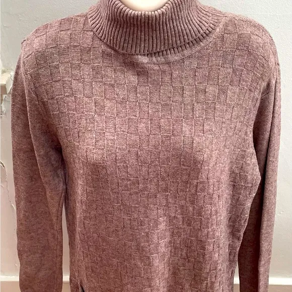 Wool blend brown cable knit turtleneck sweater dress with pockets, size M preppy Size M - Image 1