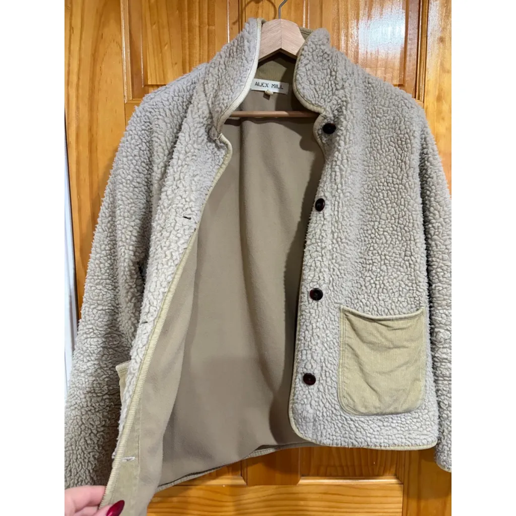 Alex Mill High Pile Fleece Jacket Beige Natural Corduroy Trim Patch Pocket - Image 2
