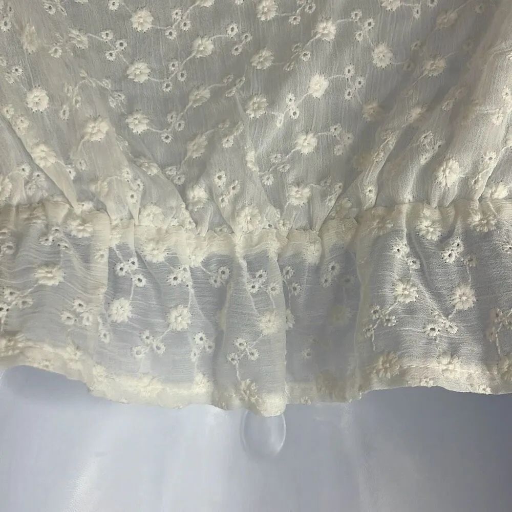 Idem Ditto White Eyelet Floral Crop Top Small Peplum Ruffle Sleeve Plunge Neck - Image 6