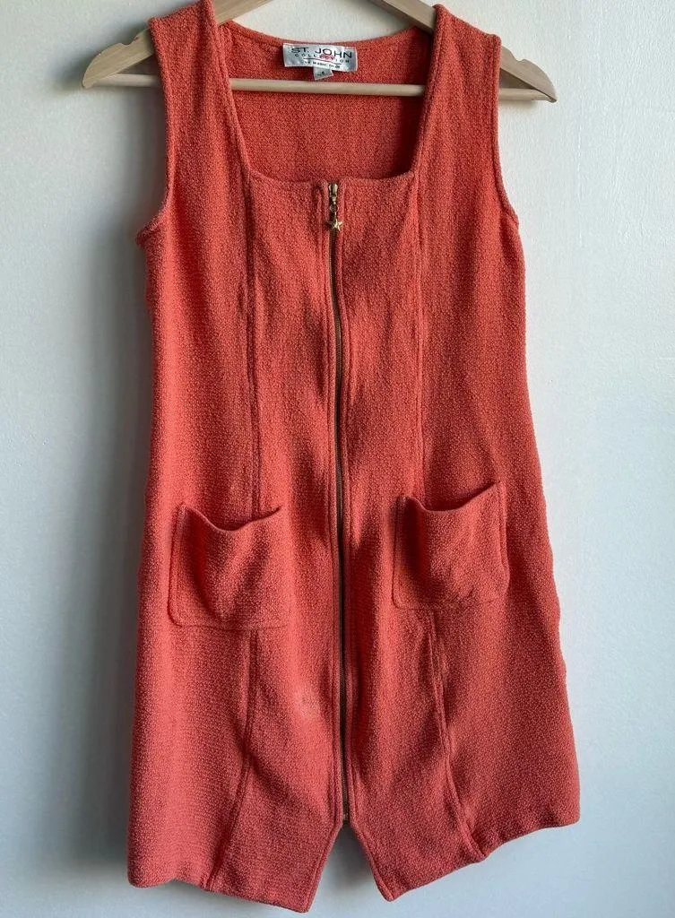 St. John Coral Orange Textured Knit Sleeveless Zip Front Dress with Pockets Sz 4 - Image 4