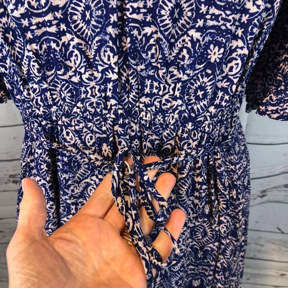 Artesia Boho Chic Button Front Short Sleeve Maxi tasel neck closing size medium Blue - Image 11