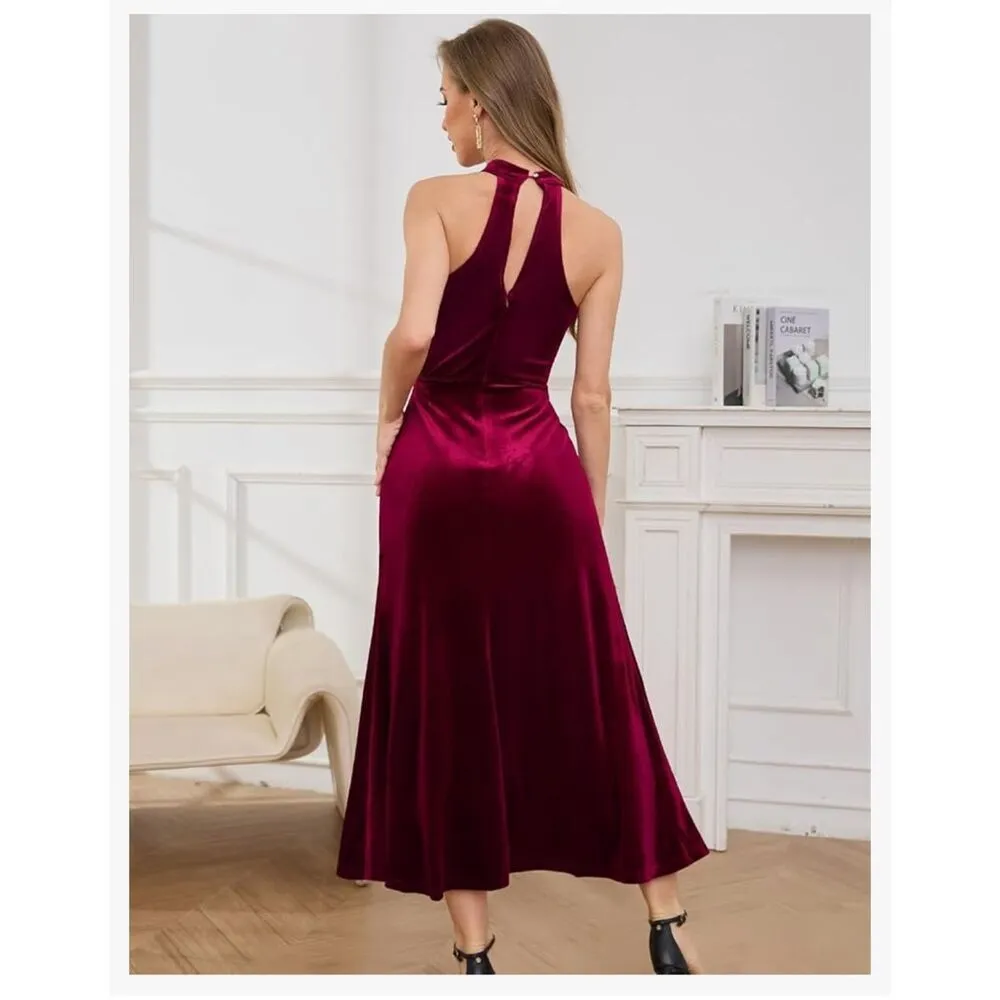 NEW Wine Red Halter Velvet Maxi Cocktail Formal Prom Bridesmaid Dress 2X - Image 2