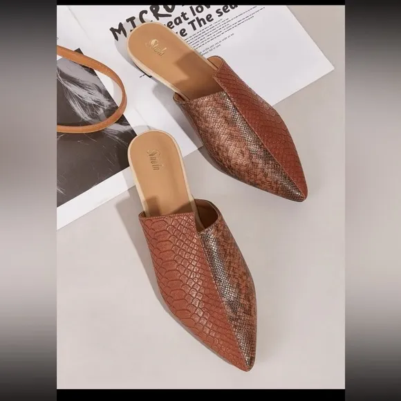 Point Toe Snakeskin Embossed Flat Mules - Image 2