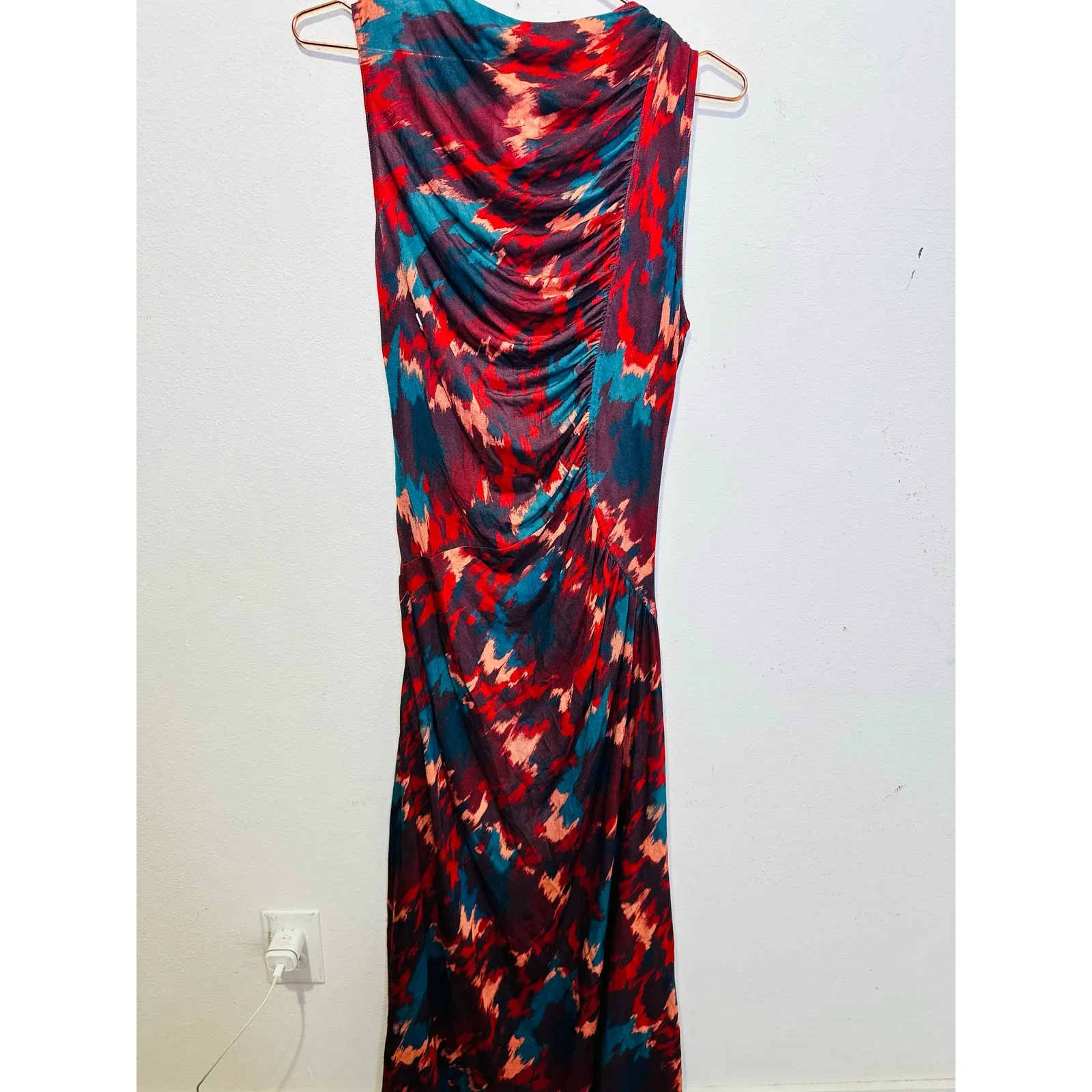ULLA JOHNSON Red Green Abstract Boat Neck Side Ruched Livia Dress size Medium - Image 3