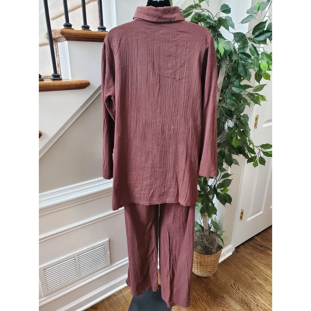 Chadwicks Women's Brown Cotton Long Sleeve Collared Shirt & Pant 2 Piece Suit L - Image 6