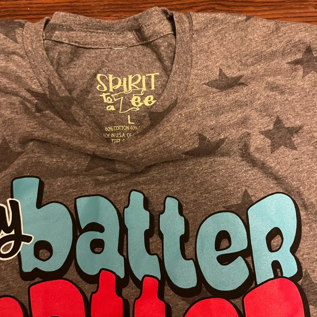 Womens Gray Star Pattern hey batter softball Shirt Size L - Image 2