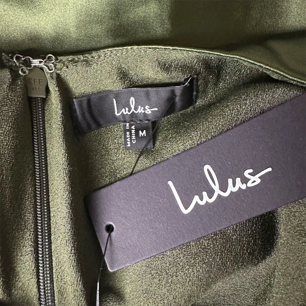 NWT Lulus Women's Exuberant Luxury Green Satin Ruffled Lace-Up Maxi Dress M - Image 9