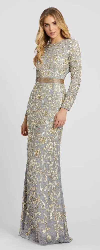 Mac Duggal 4316D Long Sleeve Beaded Formal Black Tie Evening Gown Platinum Gold - Image 1