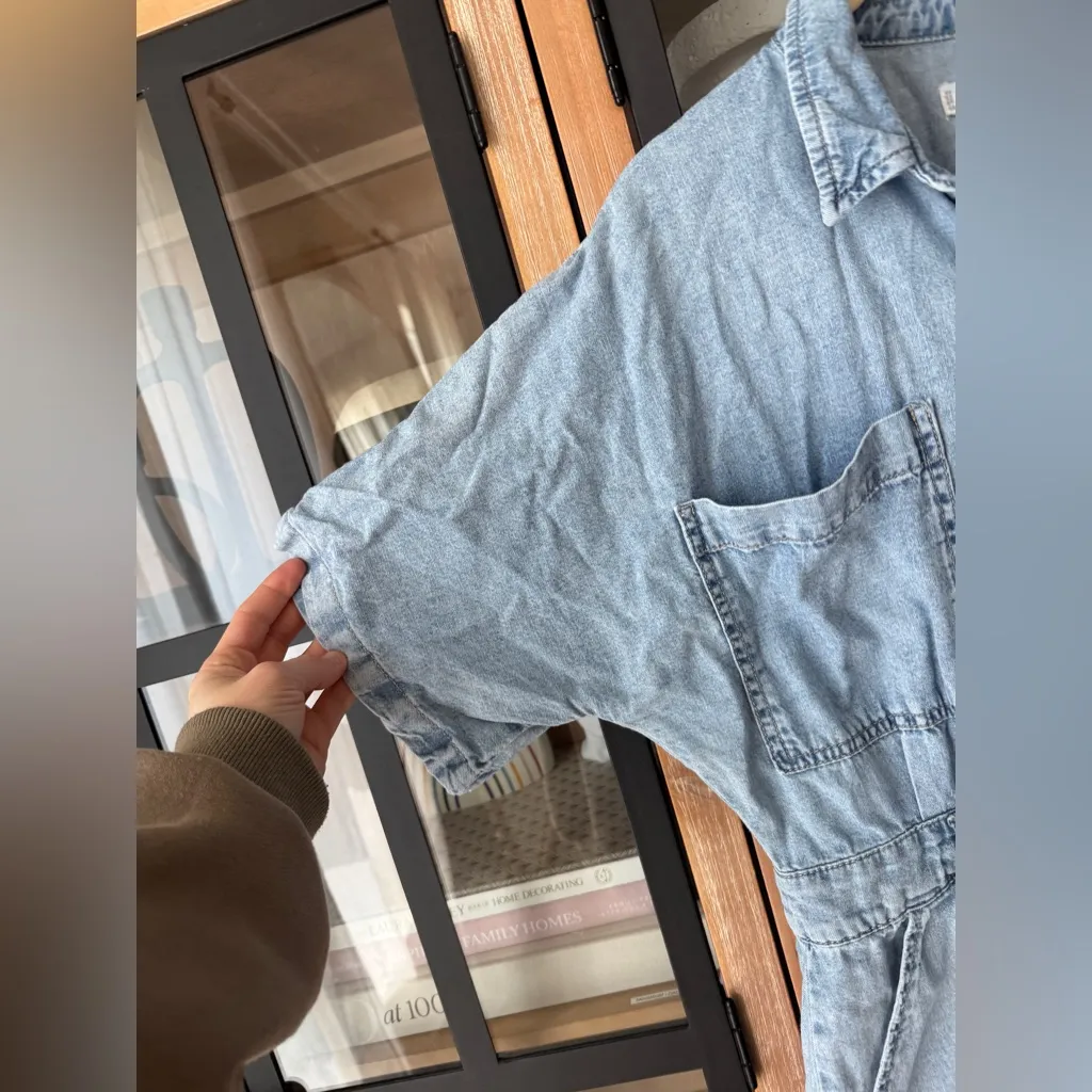 Mango denim romper playsuit light wash chambray short sleeve pockets button down - Image 7