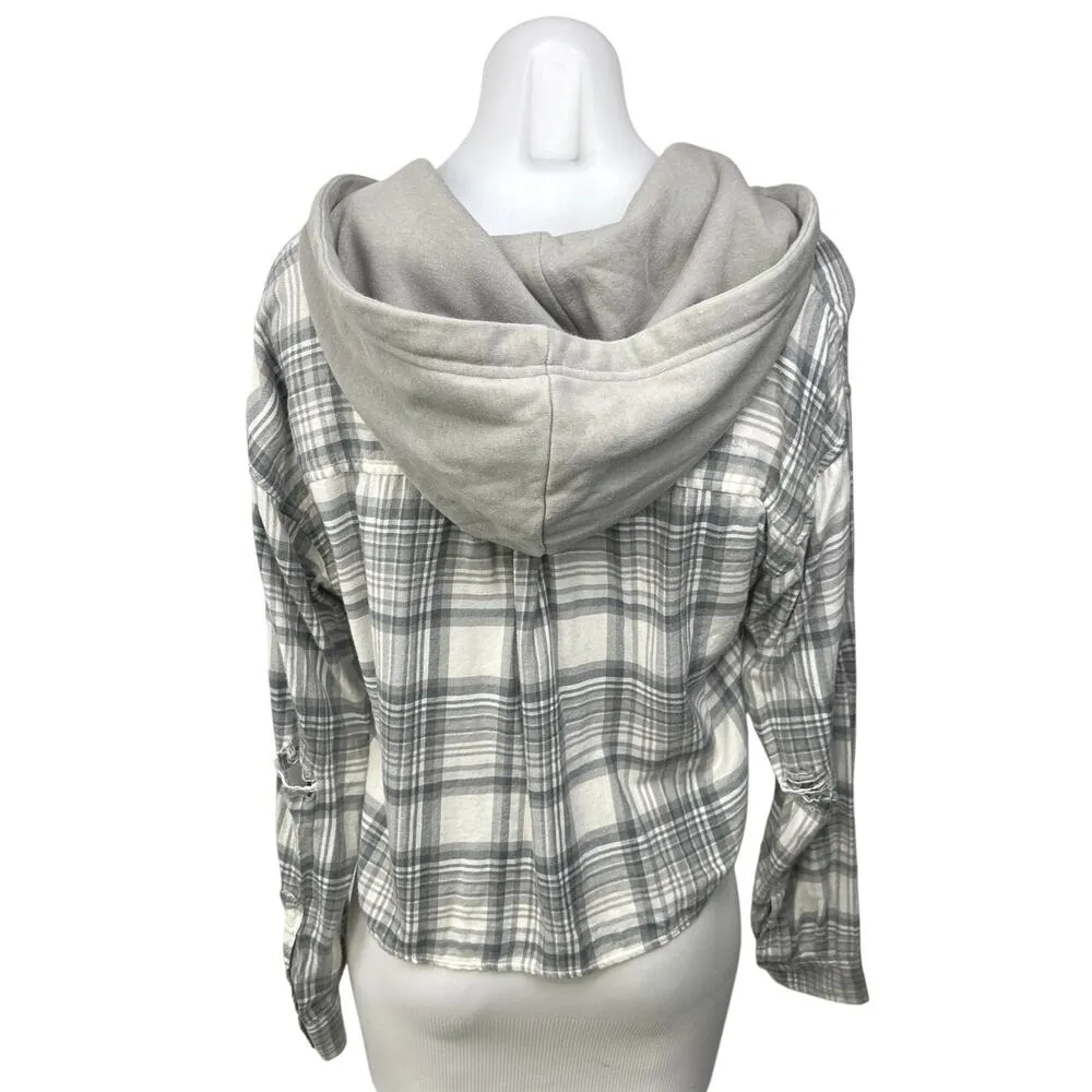 American Eagle Gray Plaid Cozy Cabin Flannel Crop Hoodie Hooded Shirt Top Size S - Image 2