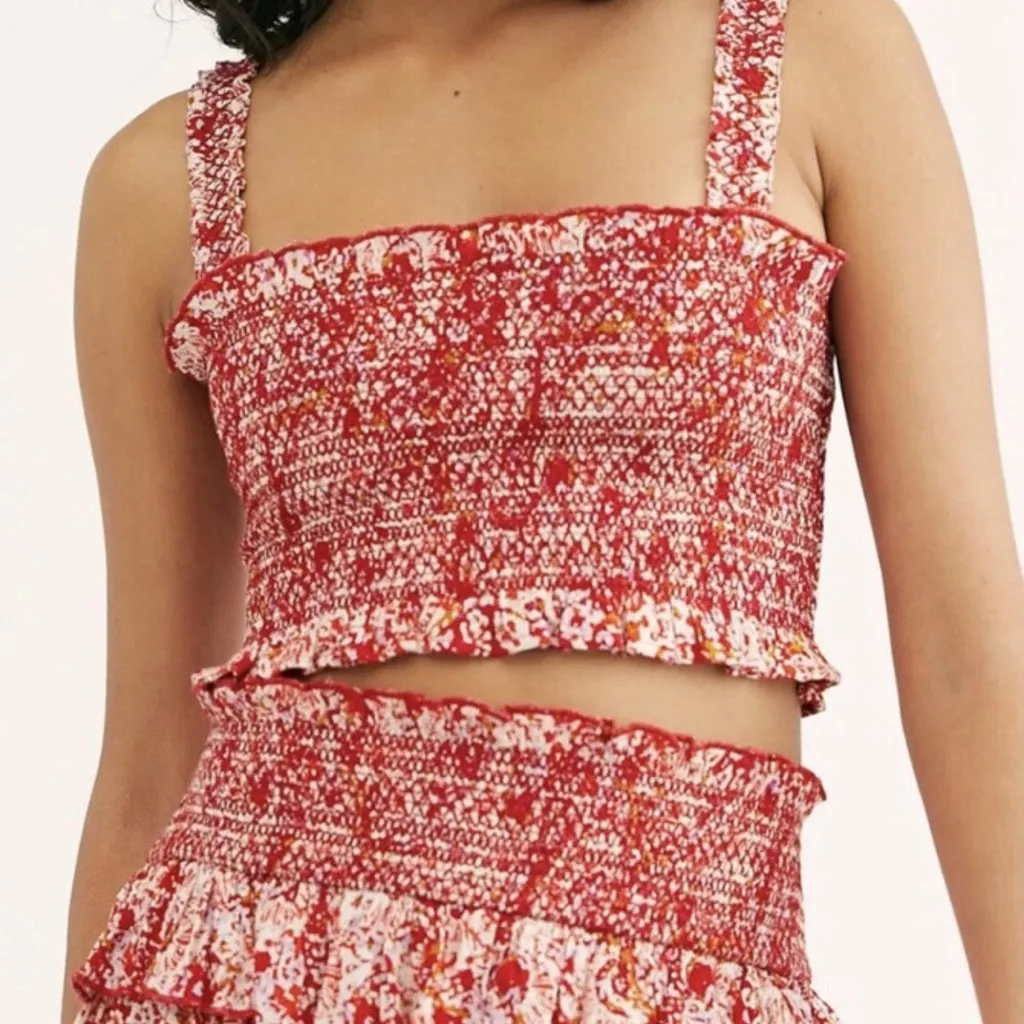 Free People Endless Summer Thalia Smocked Crop Top in Red Ivory Combo size Small - Image 10