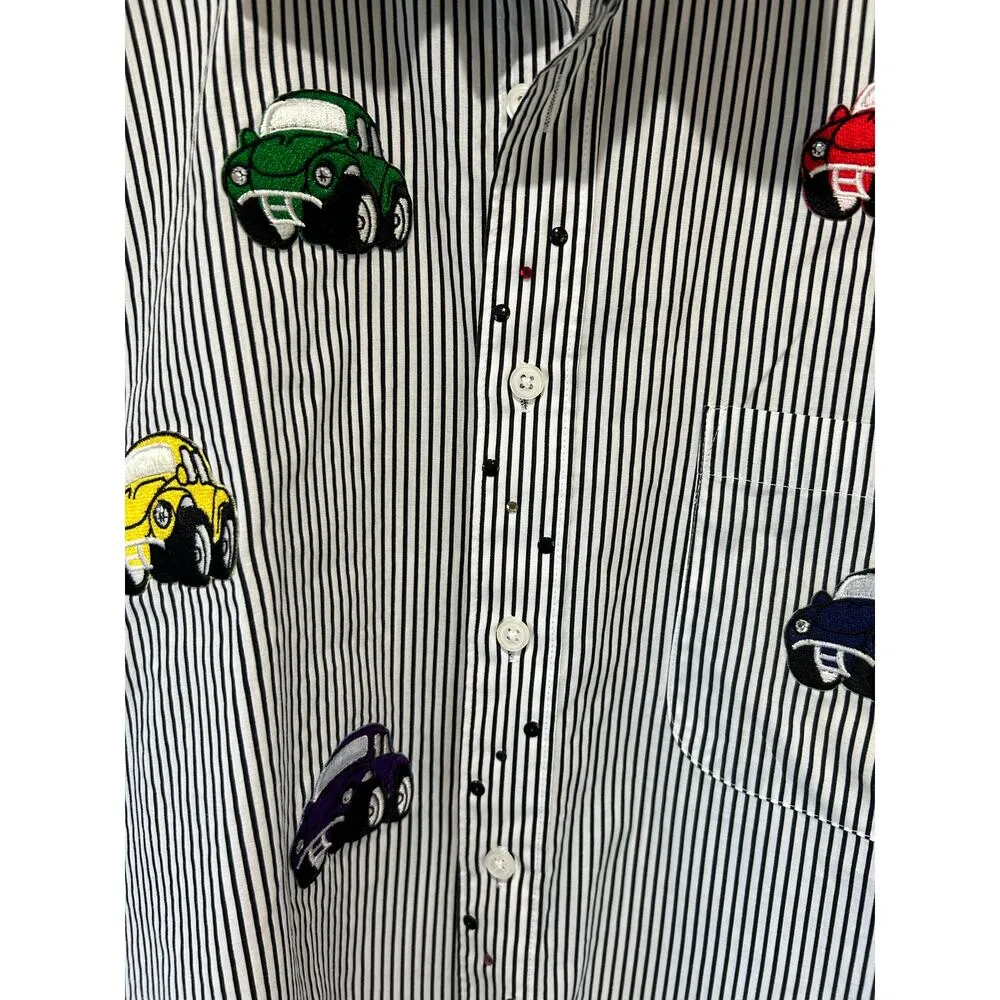 Mili Designs button down shirt size M striped car patches applique embellished Black Size M - Image 3