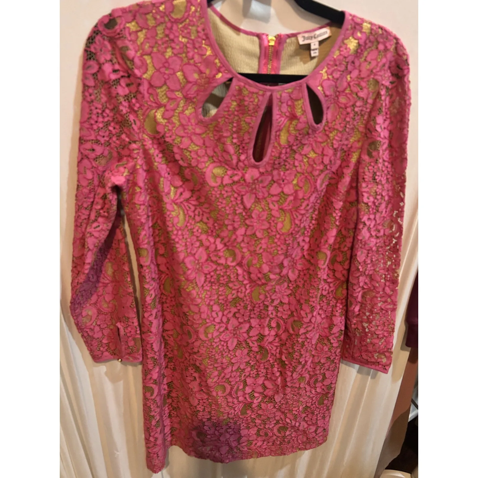 Juicy Couture Pink Gold Lace Lined Long Sleeve Party Mini Dress Size 4‎ - Image 2