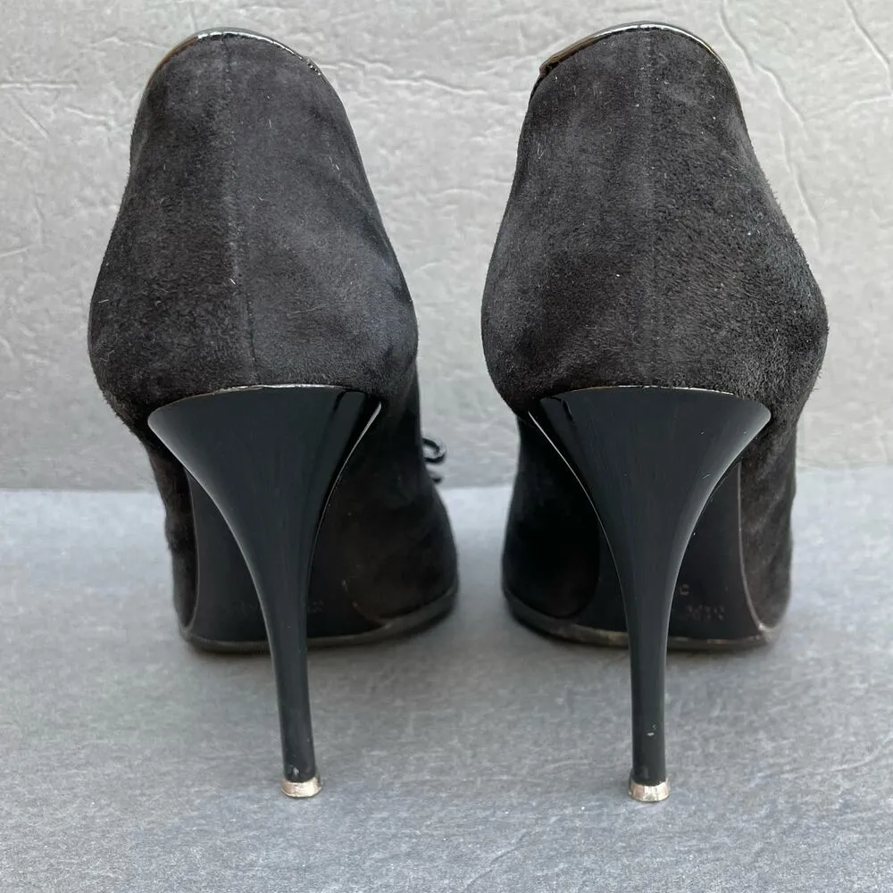 Vintage Icone Black Suede Heels 38.5/US 7.5 Italy Patent Bow 90s - Image 7