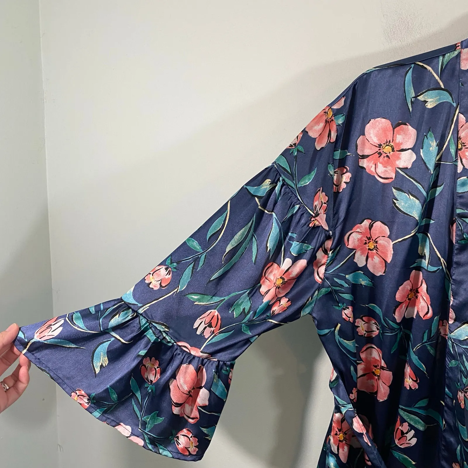 Topshop Women Blue Floral Satin Belted Duster Kimono Size S - Image 6