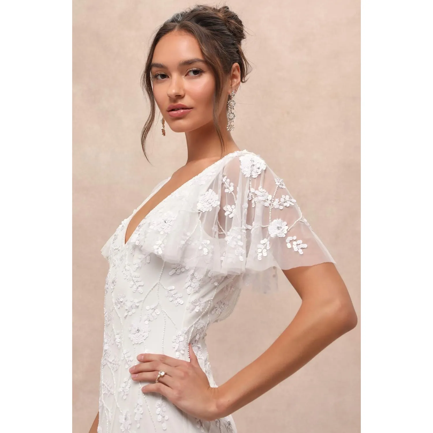 NWT Lulus Safiya White Sequin Flutter Sleeve Maxi Dress Wedding Bridal Bride S - Image 6