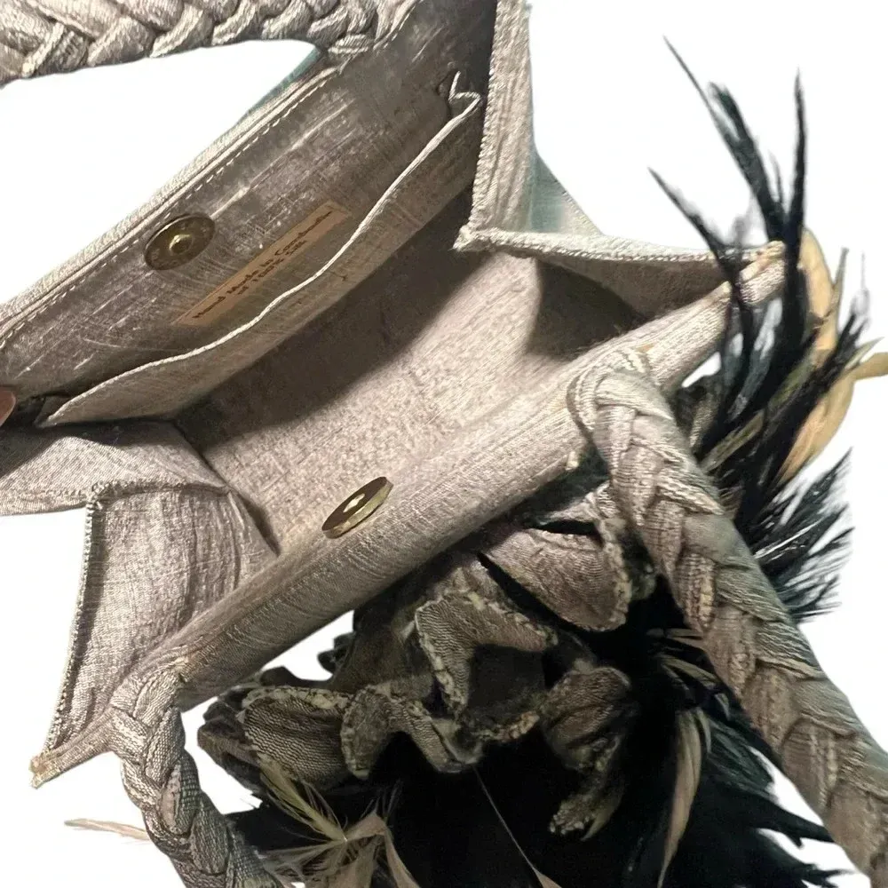 Mother Plucker silk real feathers oil slick coquette mini bag purse 20’s whimsy Silver - Image 5
