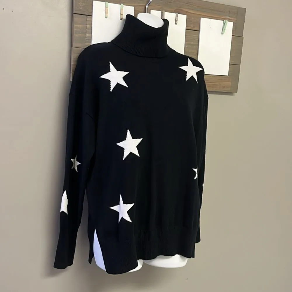 Black w/ Stars Turtleneck Viscose Blend Long Sleeve Sweater w/Side Slits - Image 3