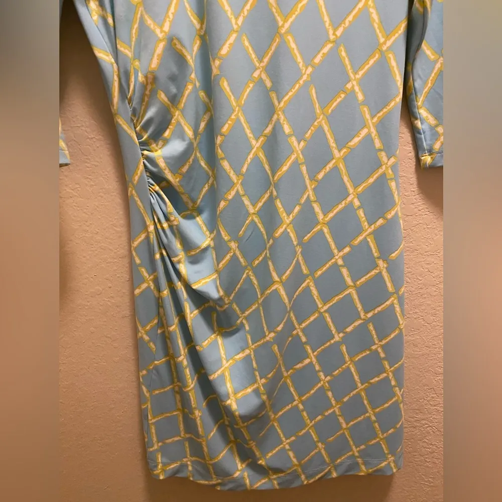 J. McLaughlin Blue Catalina Cloth Bamboo Print Ruched 3/4 Sleeve Dress Size S - Image 4