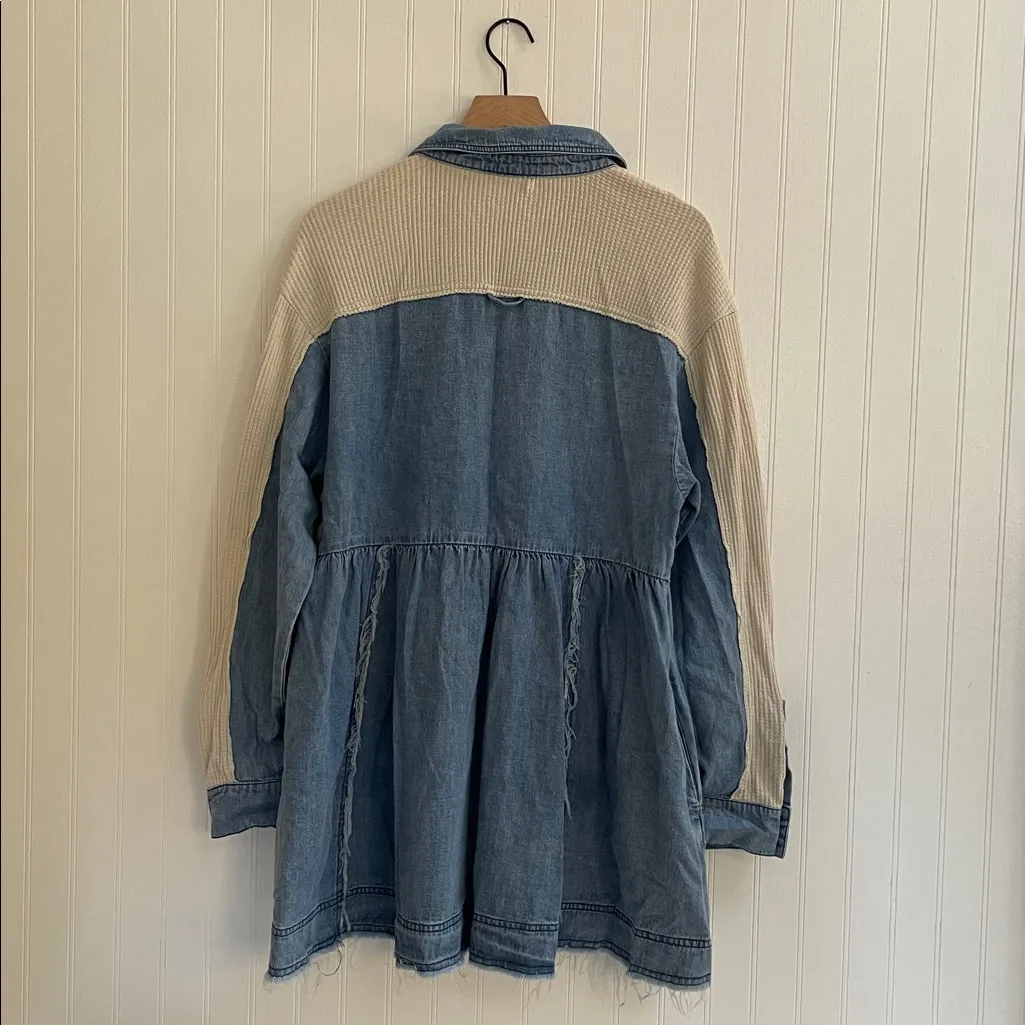 FREE PEOPLE Kenny Denim Mini Dress Tunic Waffle Raw Hem Boho Babydoll Size S - Image 6