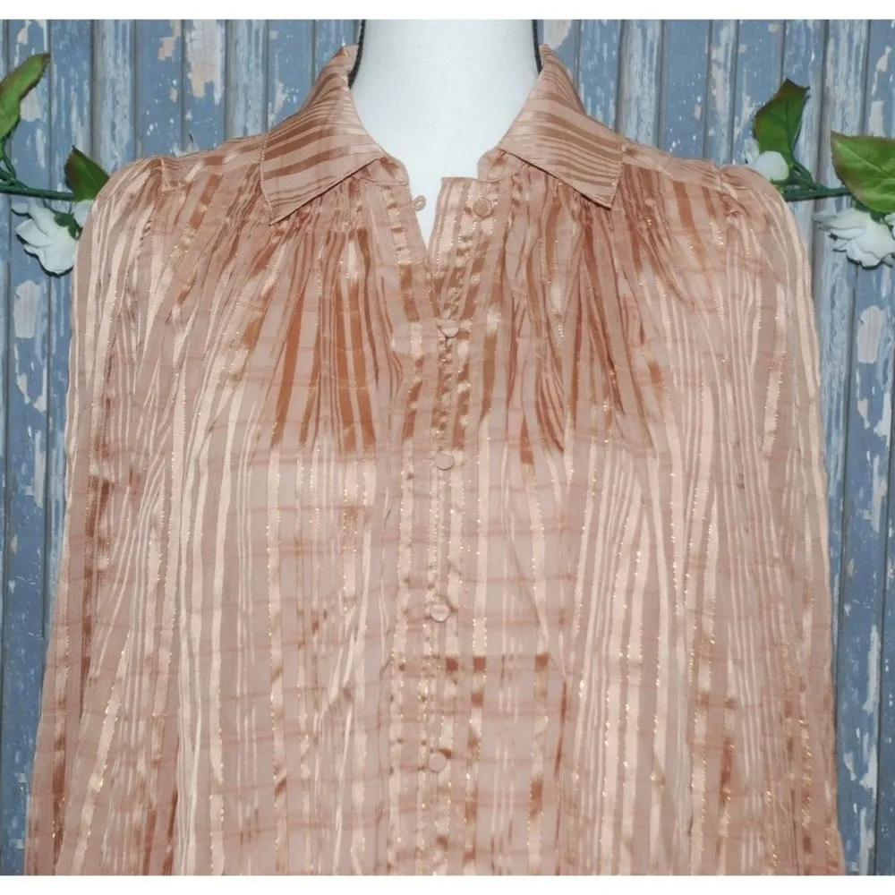 Express NWT Ladies Gold Blouse Size S Pleated LS Open Sides Sheer Button Up - Image 2
