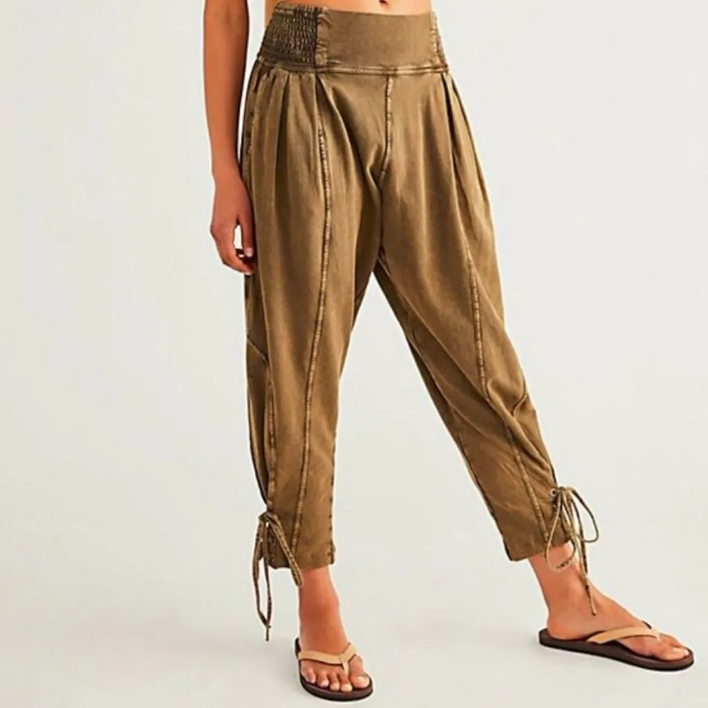 FREE PEOPLE Green Billie Pants With Elastic Smocked Waistband & Ankle Tie - Image 2