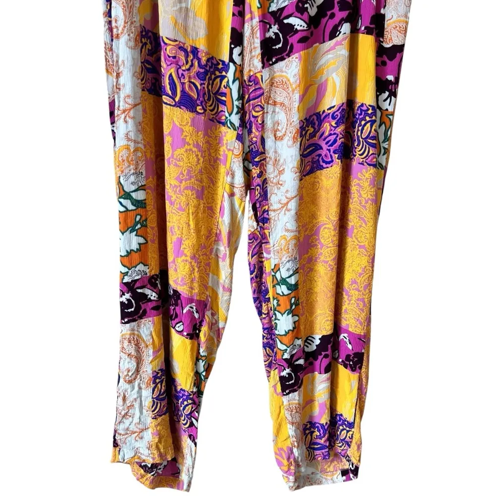Ulla Popken Patchwork Print Elastic Waist Wide Leg Rose Fit Crepe Pants Yellow Size undefined - Image 4