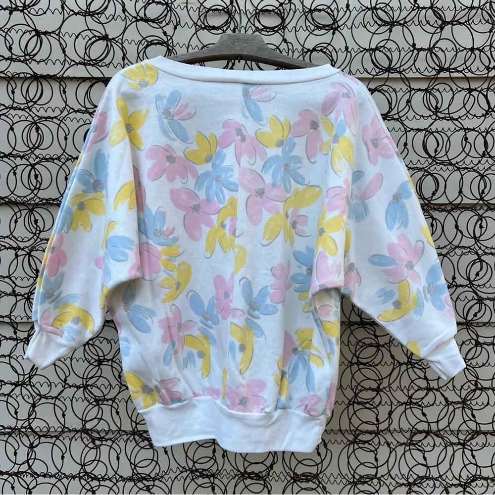 Vintage 80s Crop Batwing Floral Yellow Pink Sweatshirt Bijo New York Large - Image 3