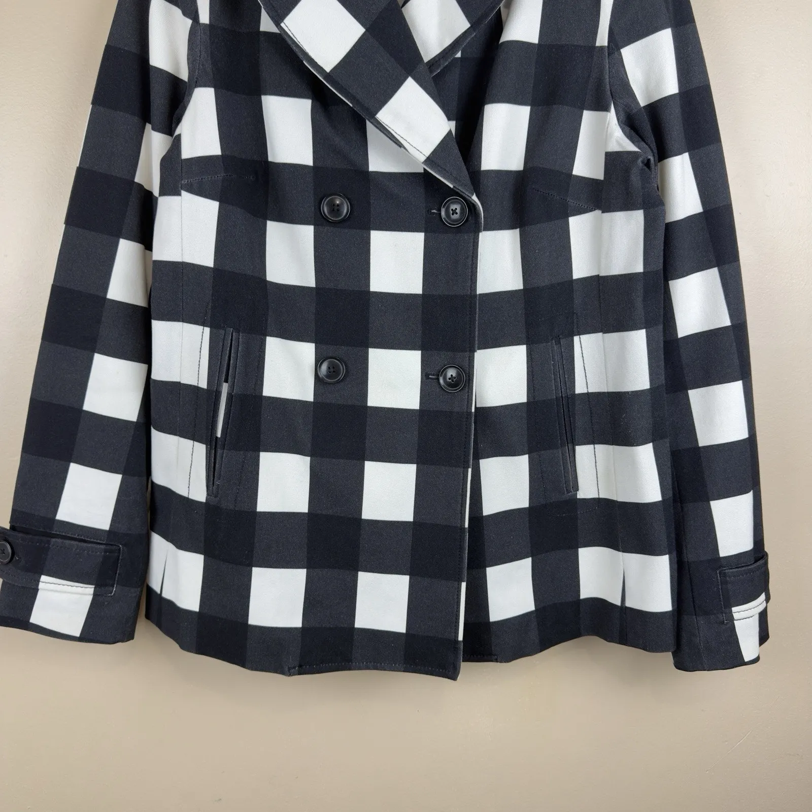 Banana Republic Women’s Plaid Black/White Double-Breasted Pea Coat Size S - Image 2