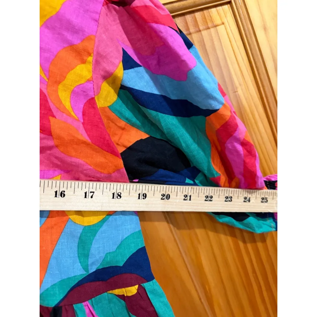 Oliviaceous Linen Blend Tie Front Blouse S Bright Floral Puff Sleeve Boho Top - Image 6