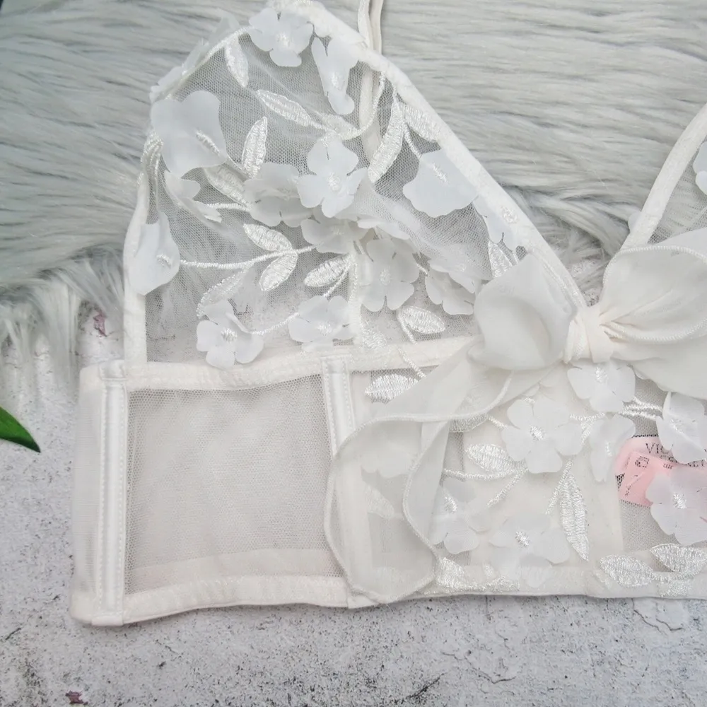 VICTORIAS SECRET Dream Angles Unlined Longline Bra Sheer Lace Floral Bralette XL - Image 3