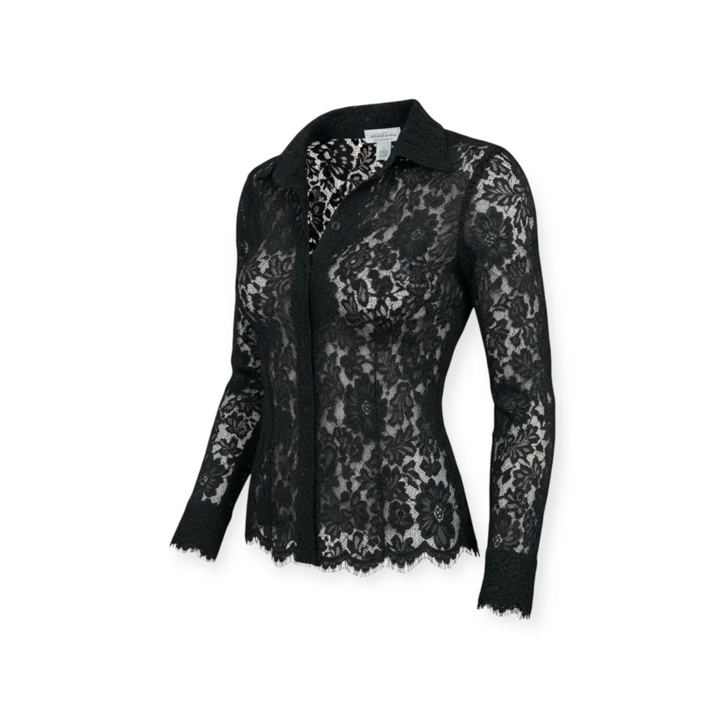 Vintage: Brooks Brothers ✿ Sheer Floral Lace Blouse ✿ Black ✿ 8 ✿ Scallop Trim - Image 3