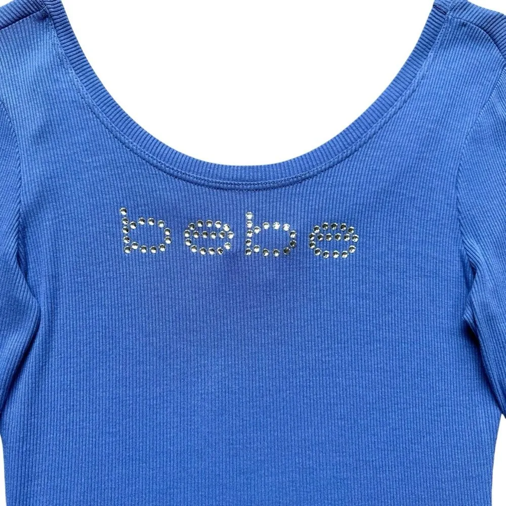 Bebe Logo Swarovski Crystal Blue 3/4 Sleeve Top - Image 5