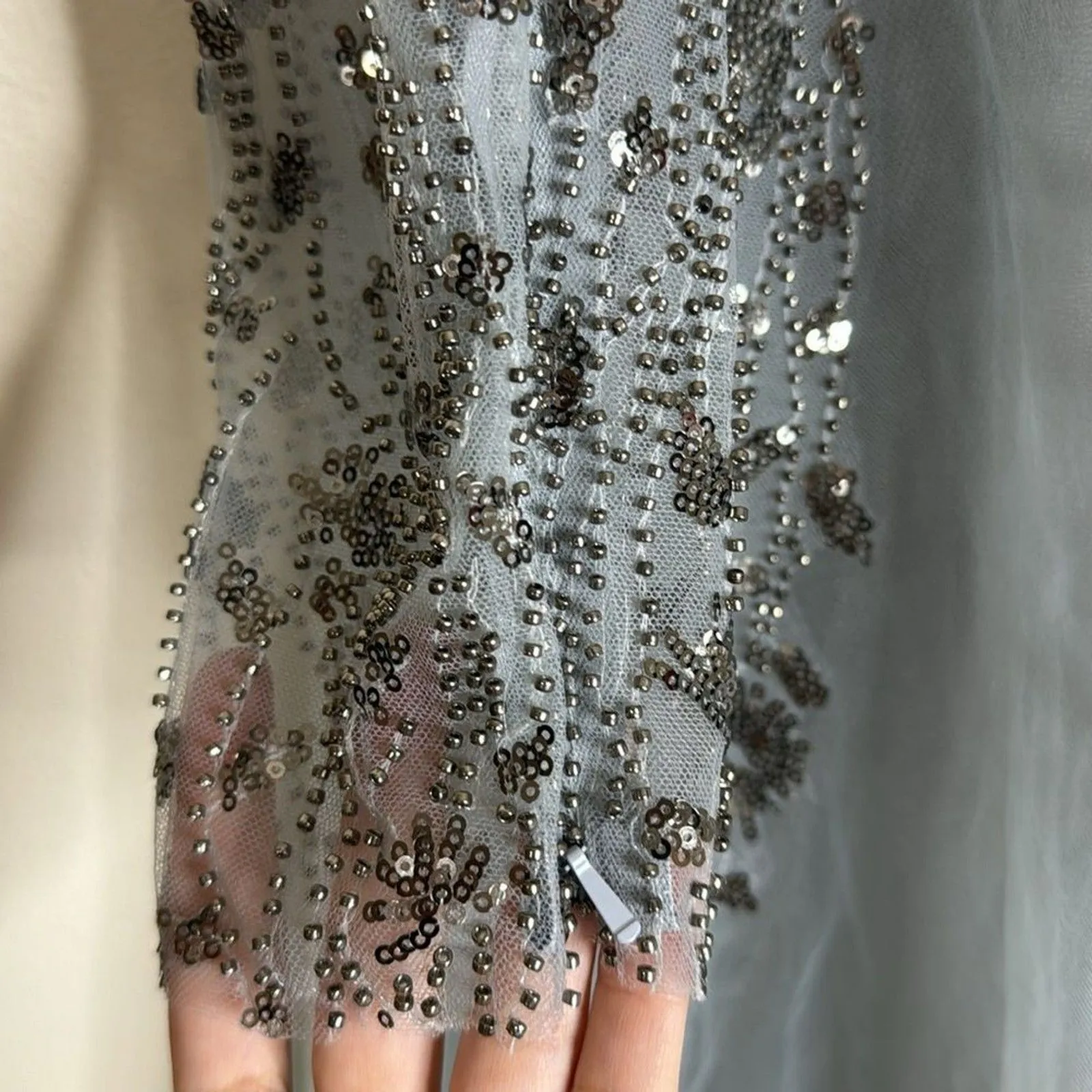 Mac Duggal EMBELLISHED V NECK LONG SLEEVE A LINE GOWN in platinum blue size 12 - Image 11