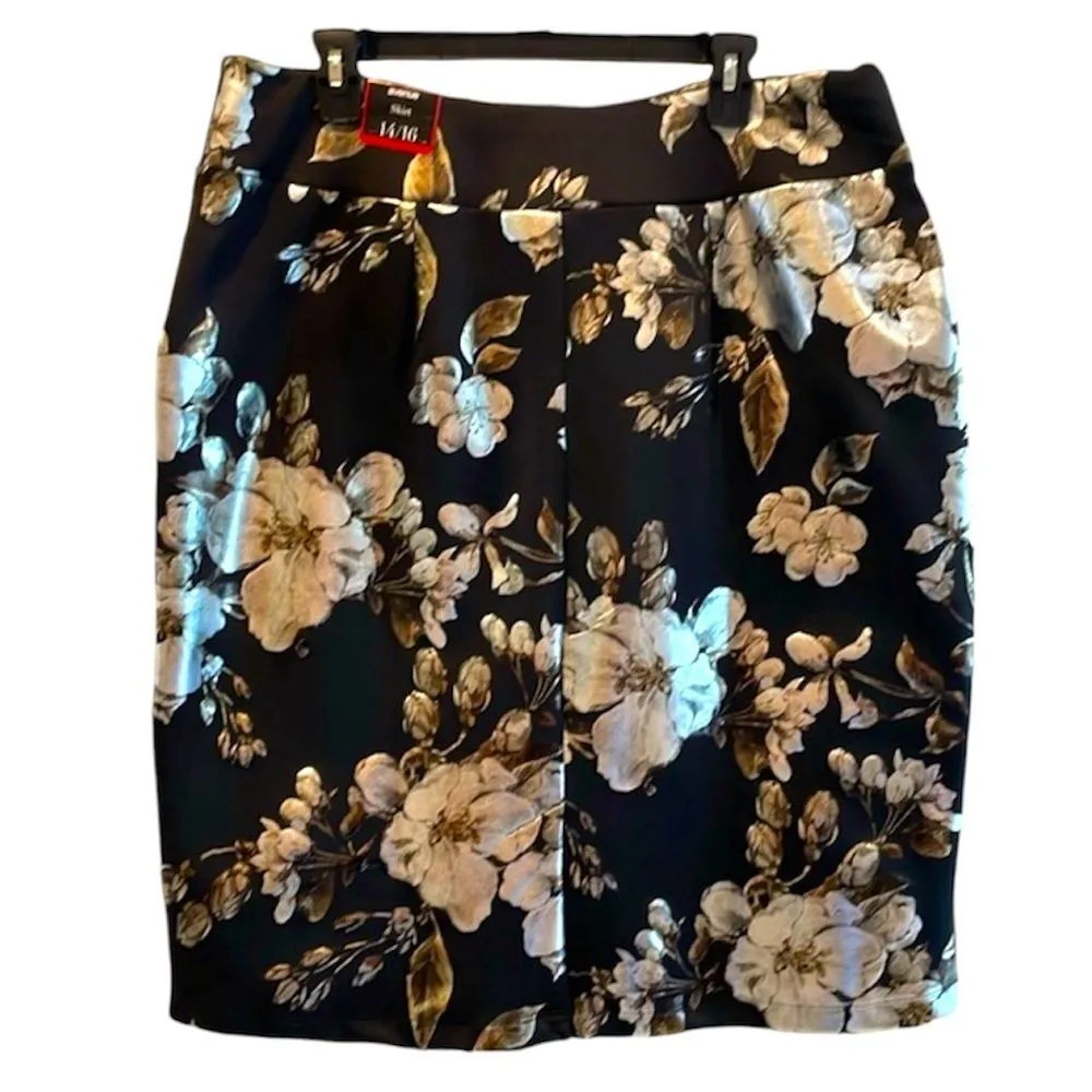 Avenue Metalic Floral Roses Pull On Pencil Skirt Black Gold Silver Women’s 14/16 - Image 3