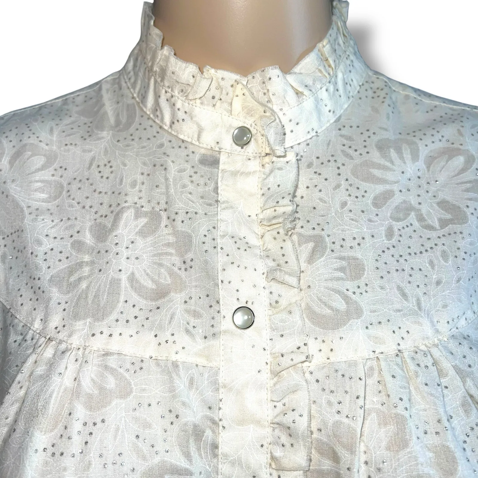 Y2K Roper Womens Button Down Blouse Top Floral Pearl Snap Button Cream Medium Silver - Image 2