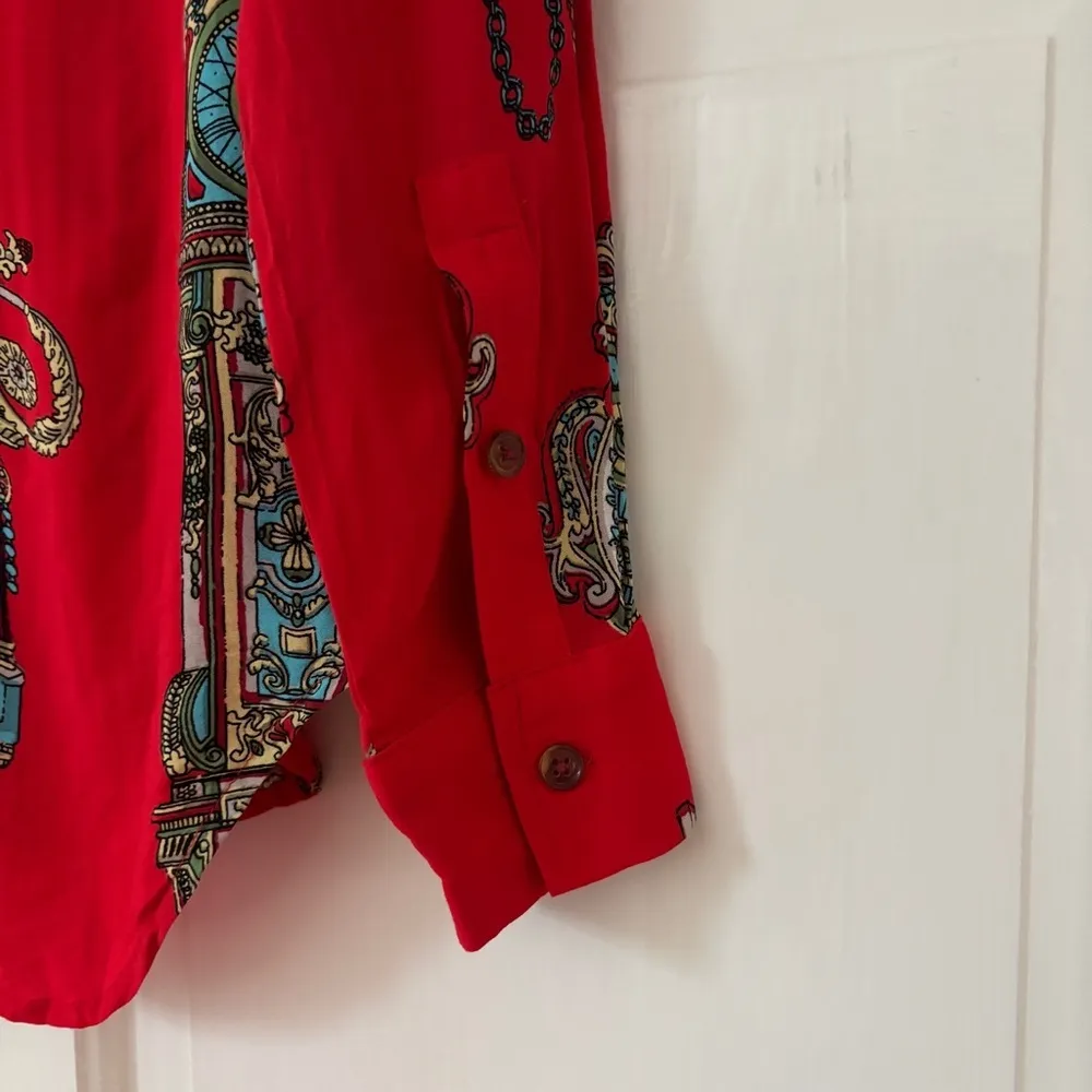 Anthropologie Maeve Size 2 Red Whimsy Printed Clock Sun Button Down Shirt Blouse - Image 14
