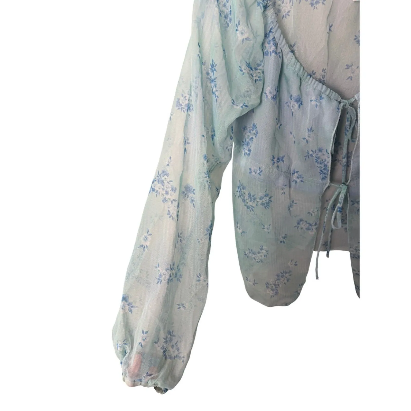 XOXO Vintage 90s Sheer Blue Mesh Floral Long Sleeve Tie Babydoll Blouse Medium - Image 5