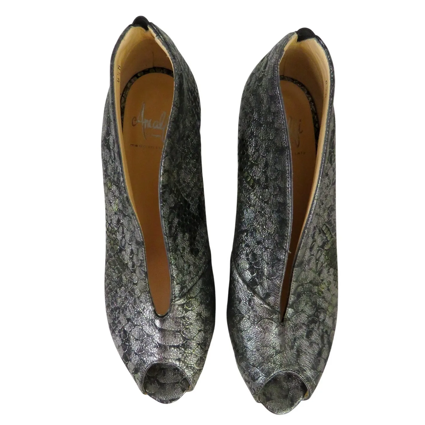 Amalfi by Rangoni Silver Metallic Snake Print Open Toe Heels Pumps Booties 8.5 - Image 4